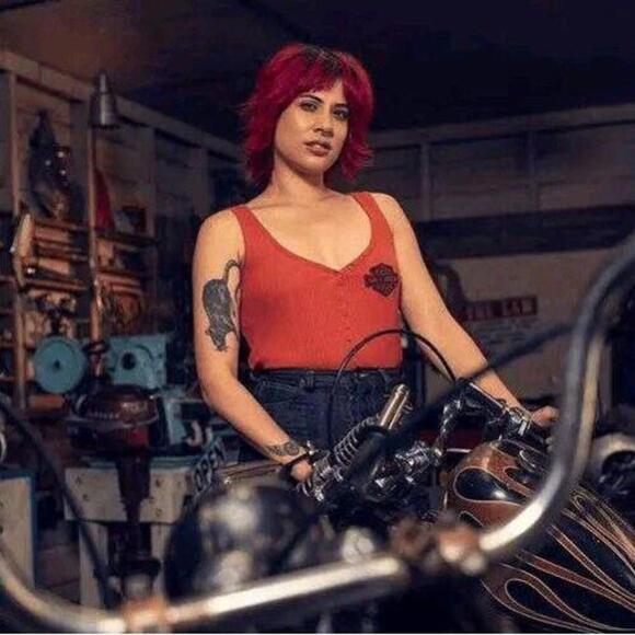 Harley Davison Women's Iron Bond Henley Bodysuit - Vintage Orange Size L - Picture 1 of 6